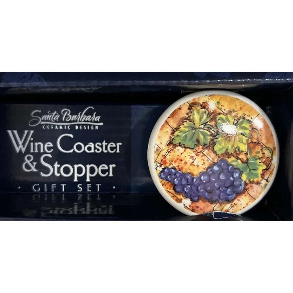 New Wine Coaster & Stopper Gift Set Santa‎ Barbara Ceramic Design Grapes